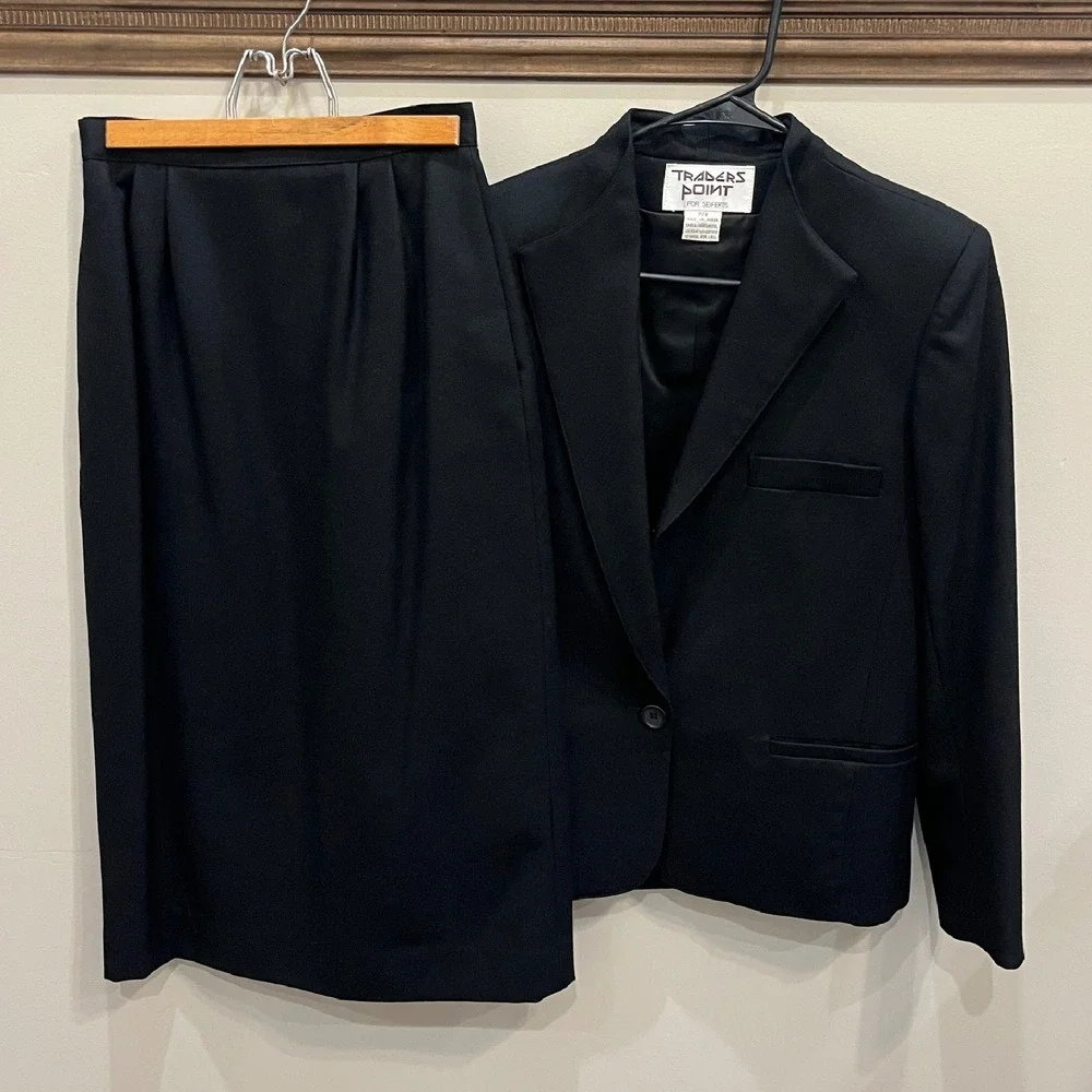 Traders Point Womens VINTAGE Wool Pencil Skirt Suit Set Blazer‎ Korea Black 5/6